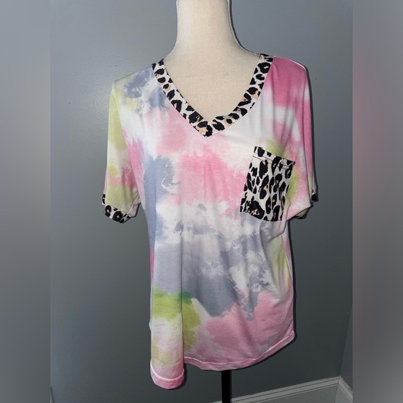 NWOT- Pink Hypnotized Tie Dye Leopard Top - Picture 2 of 6